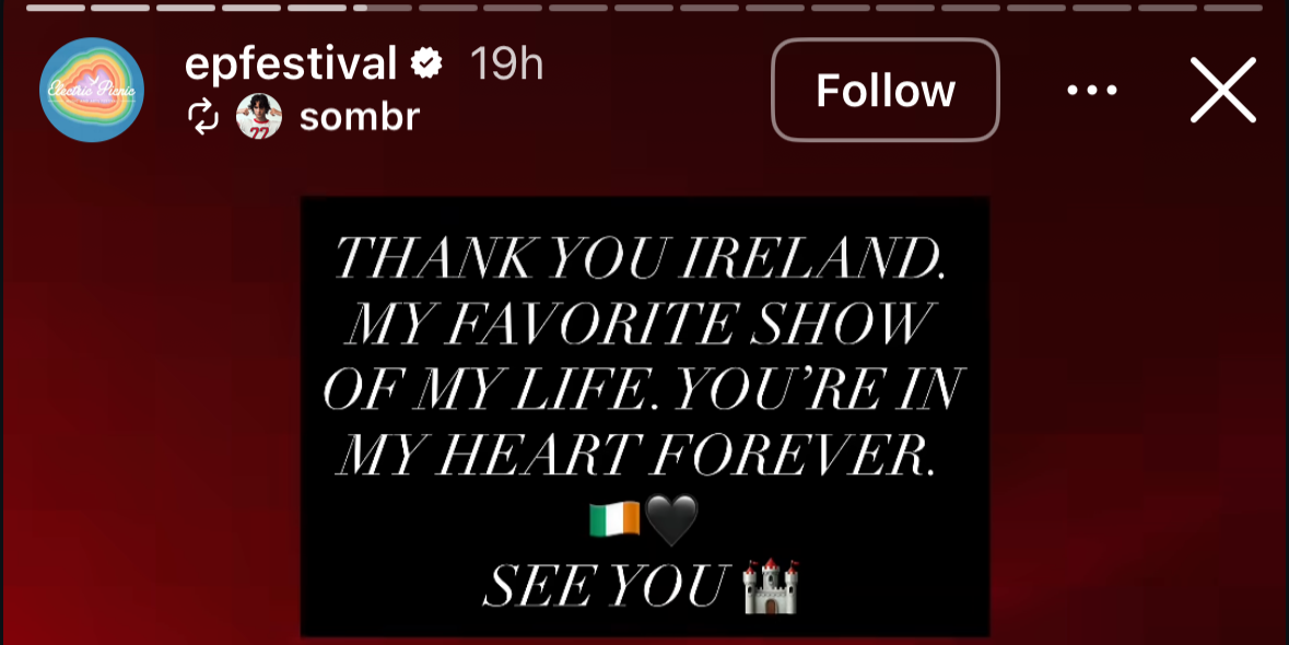 Sombr EP Screenshot black text box with words 'Thank you Ireland. My favourite show of my lifr. You're in my heart forever. See you - and then an emoji of a castle'