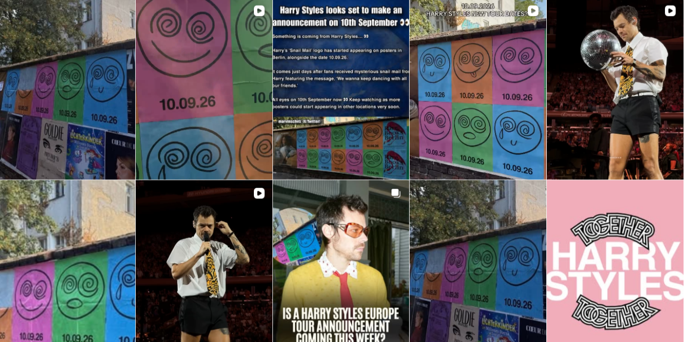 Harry Styles Hint Search result Instagram screenshot. 10 rectangle images of Harry Styles and colourful smiley faces grid posts